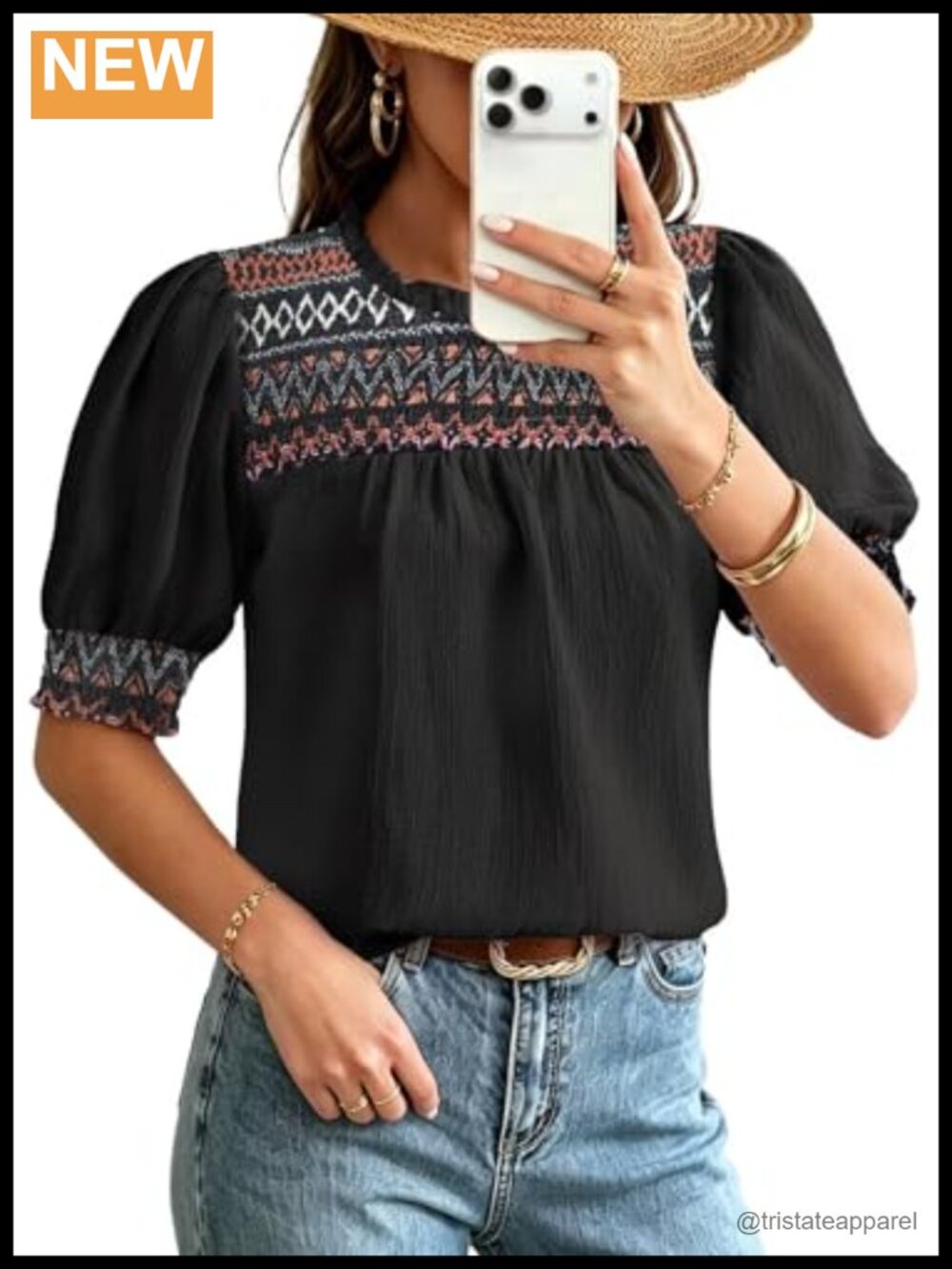 Womens Boho Blouse Geometric Ruffle Crewneck Puff Short Sleeve Chiffon Tunic